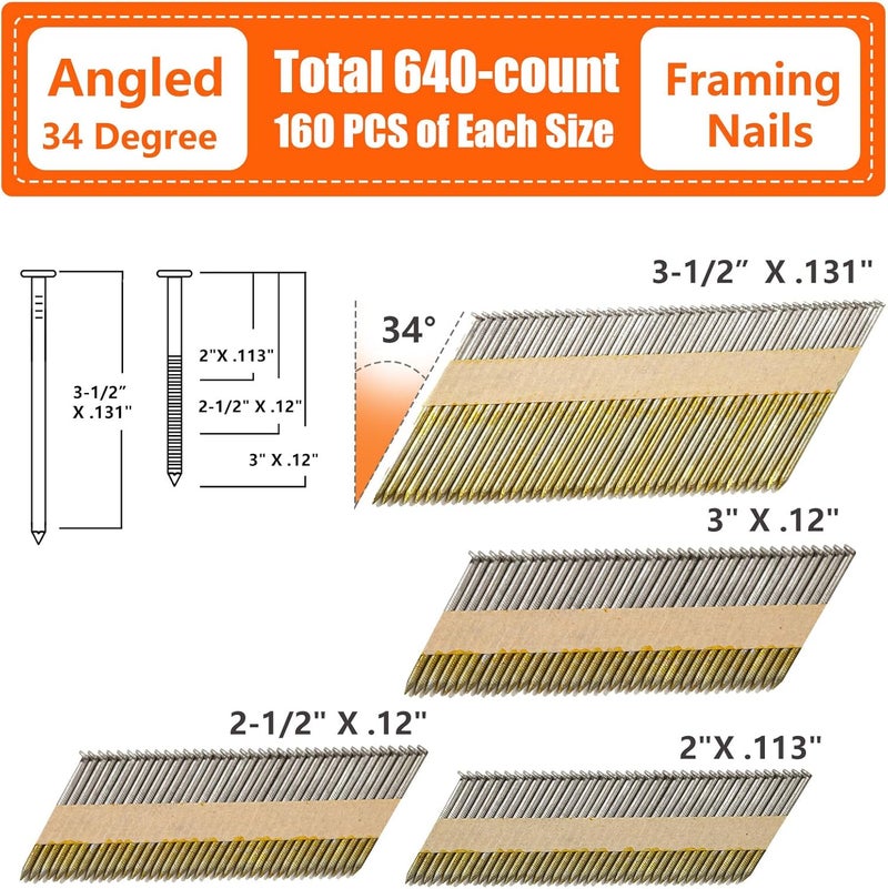SITLDY 34-30 Degree Framing Nails 4 Sizes (2"+2-1/2"+3.0" Ring+3-1/2" Smooth), D Head Hot Dipped Galvanized Paper Tape Strip Nails, 160 PCS per Size, 640 Count, for 30 to 34 Degree Framing Nailer - Image 2